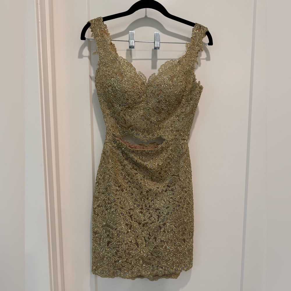 Sherri Hill Chic Gold Lace Mini Dress 2 piece
